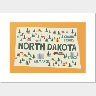 North Dakota Illustrated Map Posters and Art